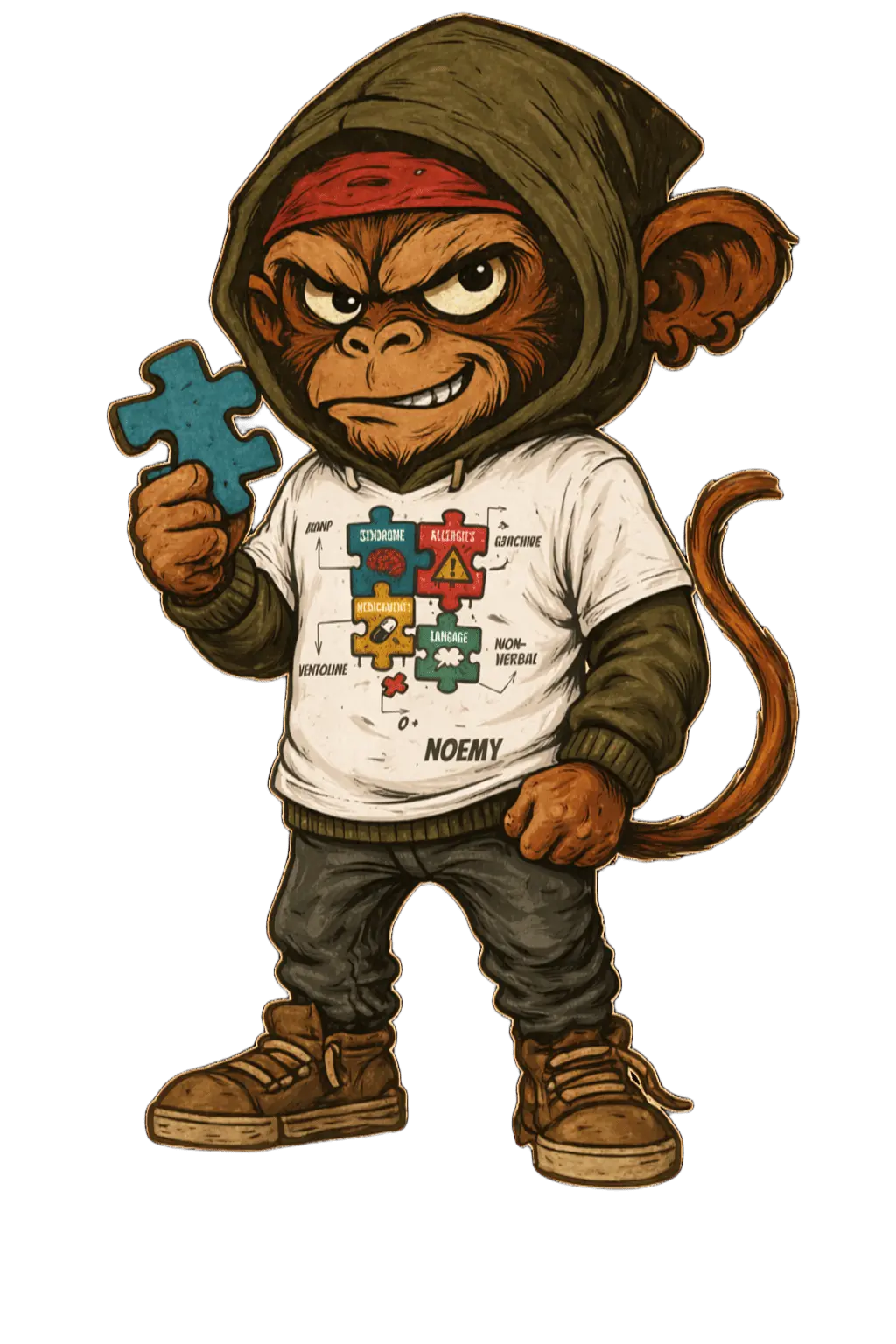 Illustration de Captain Cawette, personnage Artefacts,  un t-shirt personnalisé avec des informations médicales essentielles sous forme de pièces de puzzle.