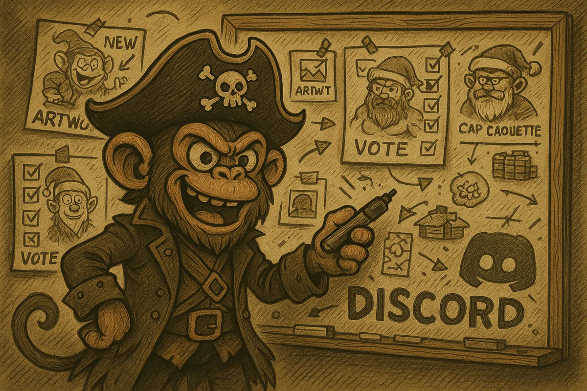 Illustration vintage de Captain Cawette, petit singe pirate au look badass, debout devant un grand tableau rempli de croquis, idées et votes de la communauté. Il tient un marqueur et présente fièrement un brainstorming chaotique sur lequel apparaît aussi le logo Discord. L’ambiance est humoristique, pirate et créative.
