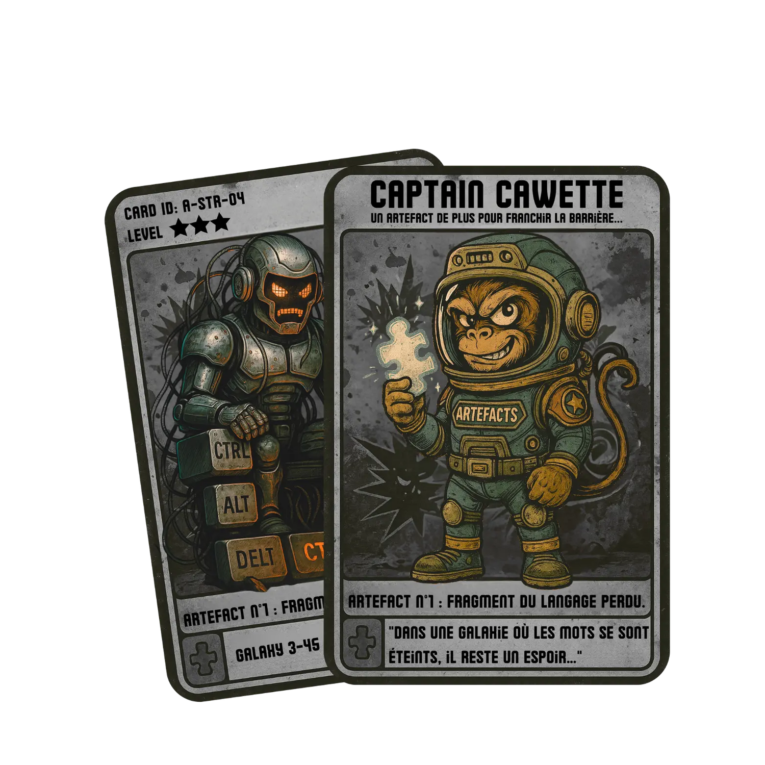 Carte Captain Cawette avec l’Artefact n°1 : Fragment du langage perdu, en tenue spatiale, face à son adversaire robotique. Style illustration vintage comics.