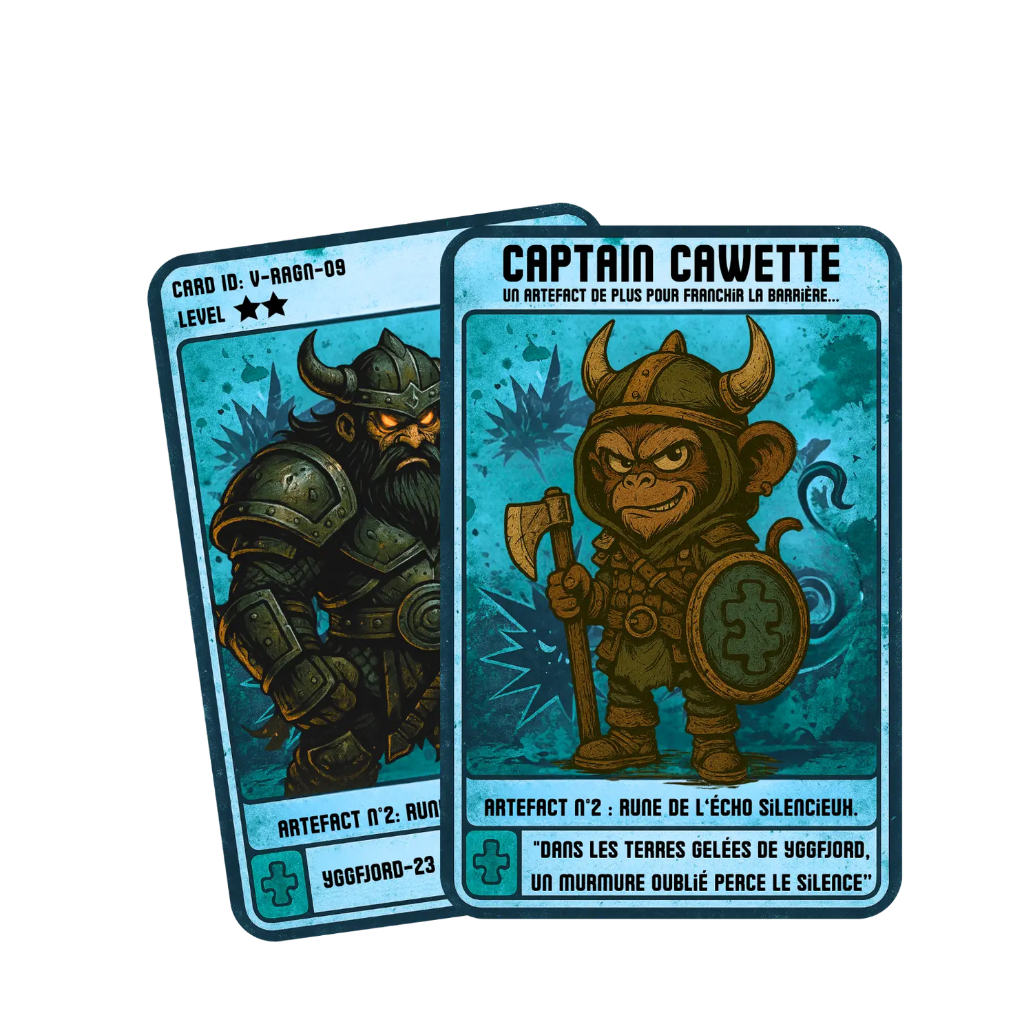 Carte Captain Cawette avec l’Artefact n°2 : la Rune de l’écho silencieux. Le singe héros est en guerrier viking avec casque à cornes, hache et bouclier puzzle, face à son adversaire barbu en armure. Style illustration vintage comics.