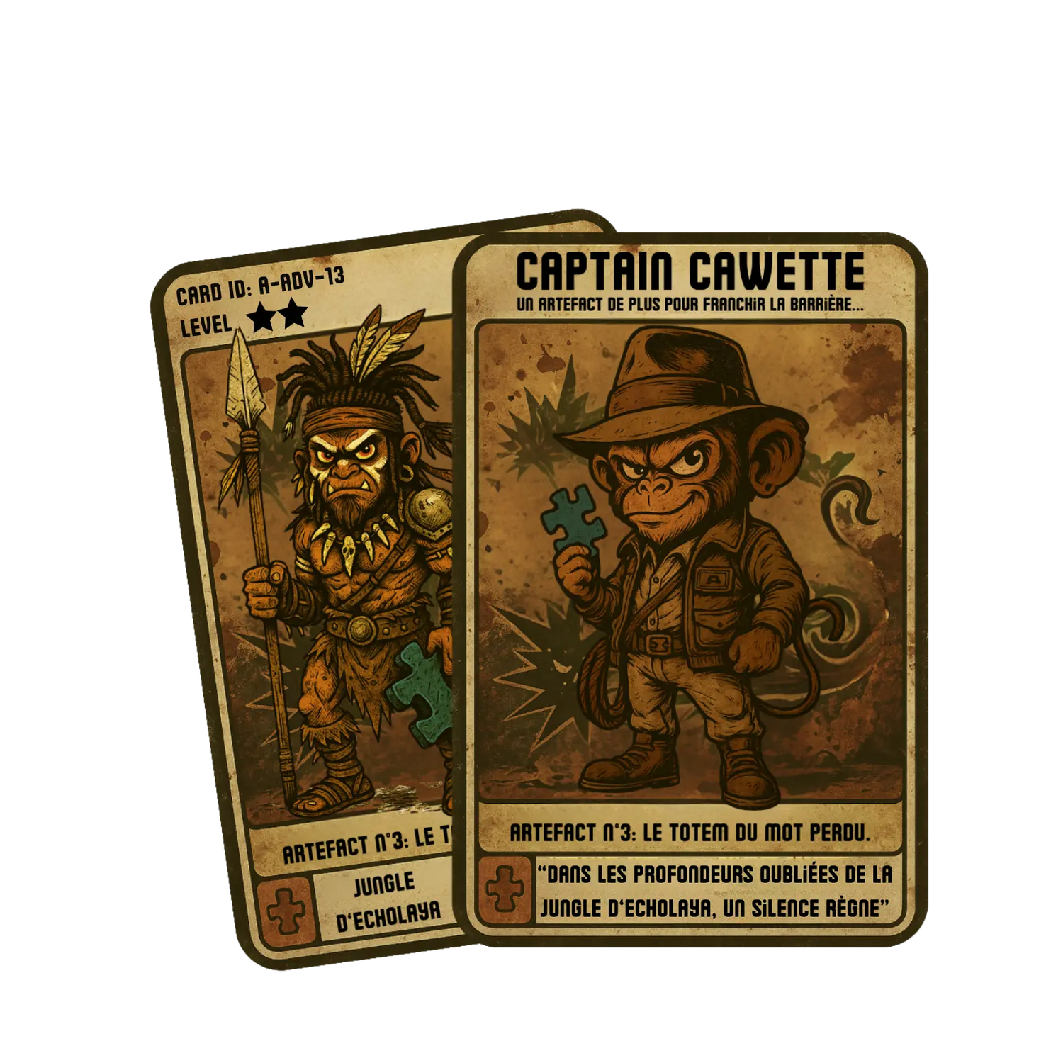 Carte Captain Cawette avec l’Artefact n°3 : le Totem du mot perdu. Le singe explorateur est représenté en aventurier style Indiana Jones, tenant une pièce puzzle bleue. À ses côtés, un guerrier tribal menaçant avec lance et plumes. Lieu : jungle fictive d’Echolaya. Illustration vintage comics.
