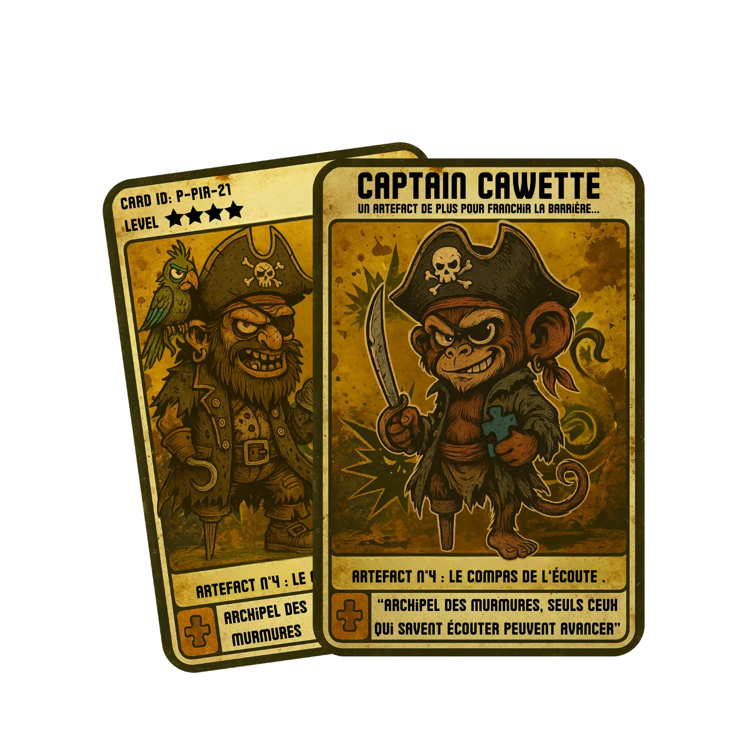 Carte Captain Cawette avec l’Artefact n°4 : le Compas de l’écoute. Le singe pirate, sabre en main et puzzle bleu, porte un tricorne avec tête de mort. Derrière lui, un pirate barbu avec crochet et perroquet sur l’épaule. Lieu : Archipel des Murmures. Illustration style vintage comics.