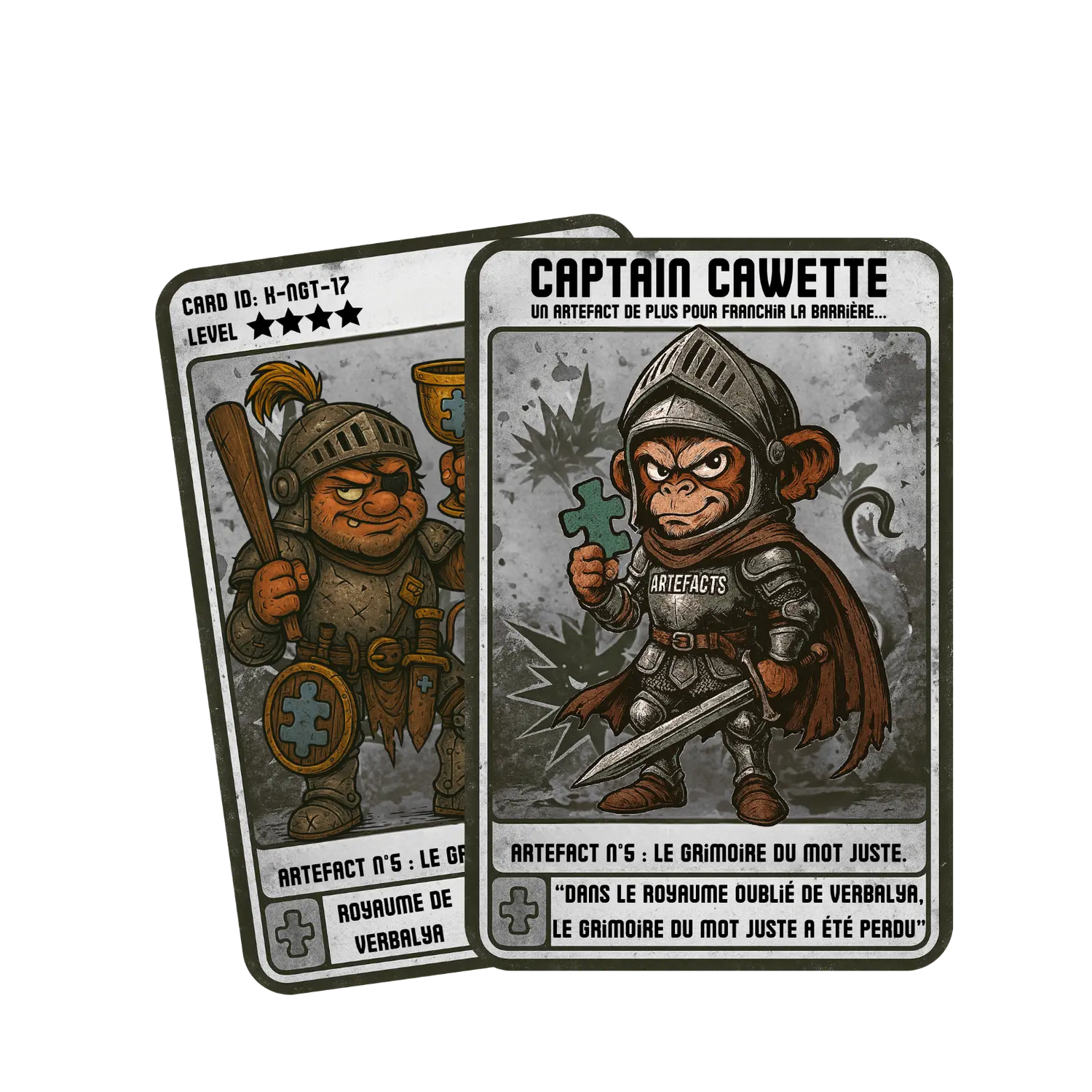 Carte Captain Cawette avec l’Artefact n°5 : le Grimoire du mot juste. Le singe en chevalier brandit un puzzle bleu et une épée, avec armure et cape rouge sombre. Derrière lui, un autre chevalier tenant une massue et une coupe décorée d’un puzzle. Lieu : Royaume oublié de Verbalya. Illustration vintage comics.