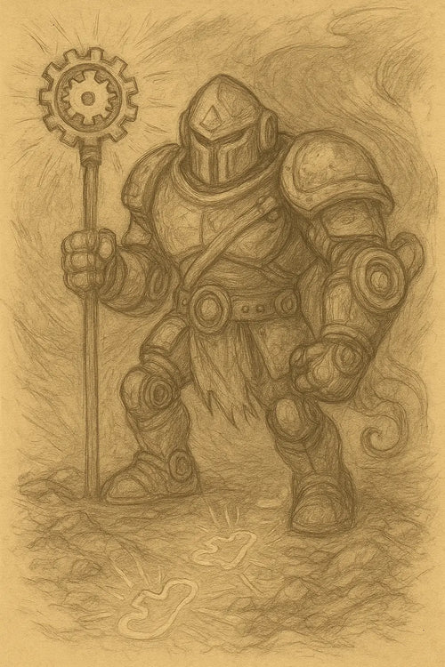 Illustration au crayon d’un chevalier mécanique tenant un bâton orné d’un engrenage, symbole de l’artefact de la motricité, avec des empreintes brillantes en forme de puzzle au sol.