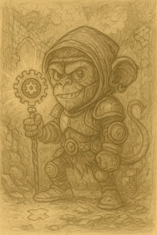 Croquis de Captain Cawette en armure tenant la Clef des Mouvements, dans les ruines oubliées de Kynésia, symbole de force et d’agilité retrouvée.