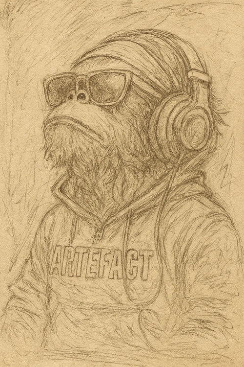 Croquis vintage de Captain Cawette en hoodie Artefact, lunettes de soleil et casque audio, style streetwear artistique.