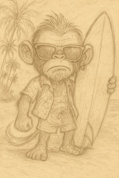 Croquis de Captain Cawette en surfeur badass, portant des lunettes noires et une chemise hawaïenne, tenant une planche de surf sur une plage tropicale.