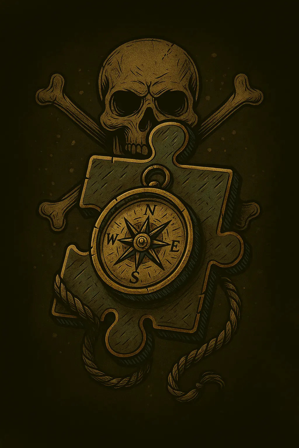 Visuel d’un compas pirate gravé sur un puzzle sombre, avec une tête de mort et des os croisés en arrière-plan – Artefacts.