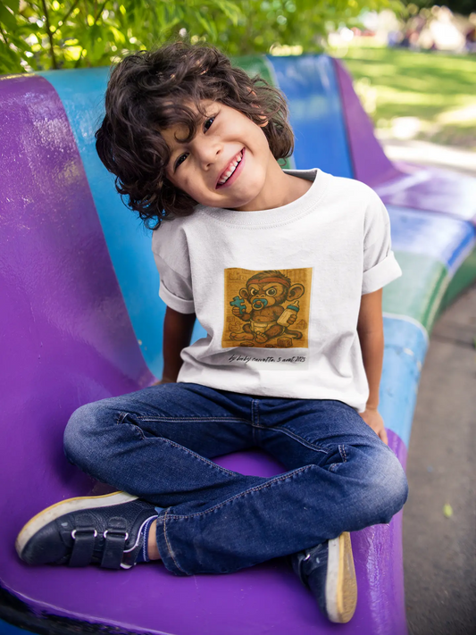 Jeune garçon souriant assis sur un banc coloré, portant un t-shirt blanc Artefacts avec le personnage Captain Cawette imprimé.