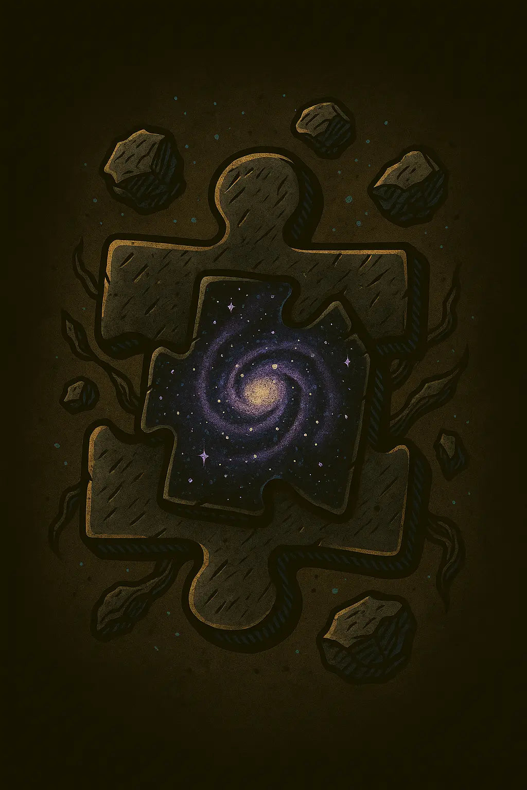 Illustration d’un fragment de puzzle cosmique, dévoilant une galaxie brillante entourée de météorites – Artefacts.