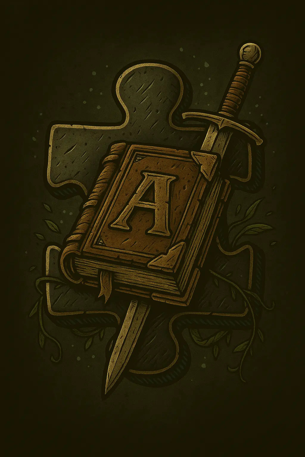 Illustration d’un grimoire médiéval posé sur un puzzle sombre avec une épée chevaleresque, symbolisant la quête du Mot Juste – Artefacts.