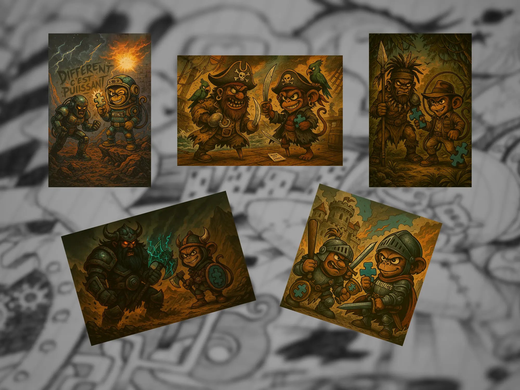 Illustration vintage des aventures de Captain Cawette et ses adversaires, représentant les cinq artefacts sous forme de cartes à jouer : explorateur, pirate, guerrier viking, chevalier et astronaute.