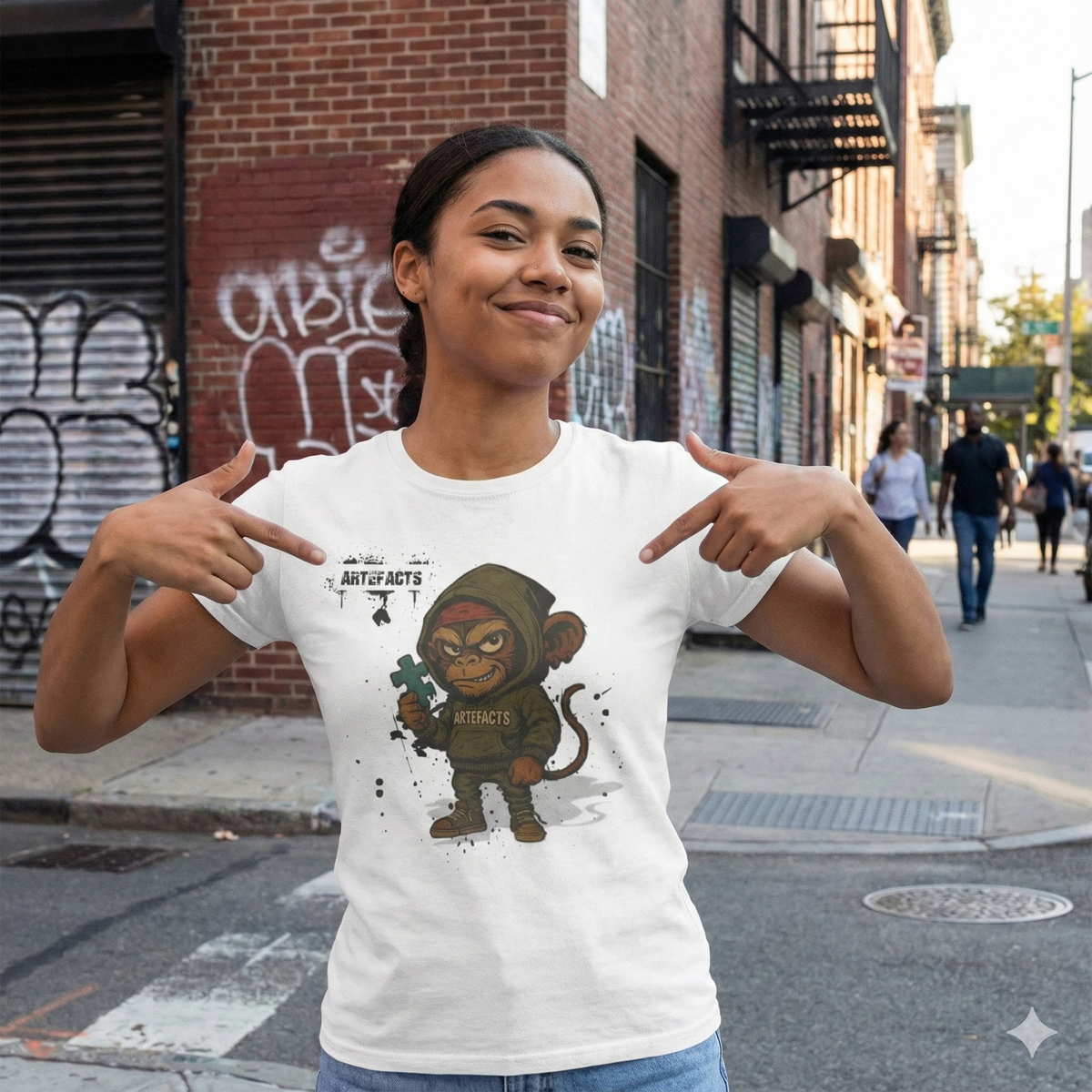 Court, clair, avec les bons mots-clés : mockup, tshirt, Artefacts, singe, puzzle, streetwear, femme.