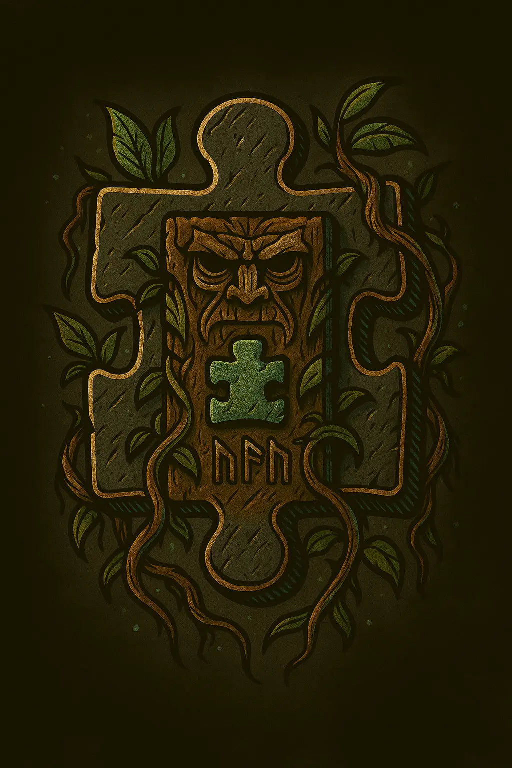 Visuel d’un totem ancien sculpté sur un puzzle sombre, entouré de lianes et de feuilles, symbolisant le pouvoir du Mot Perdu – Artefacts.