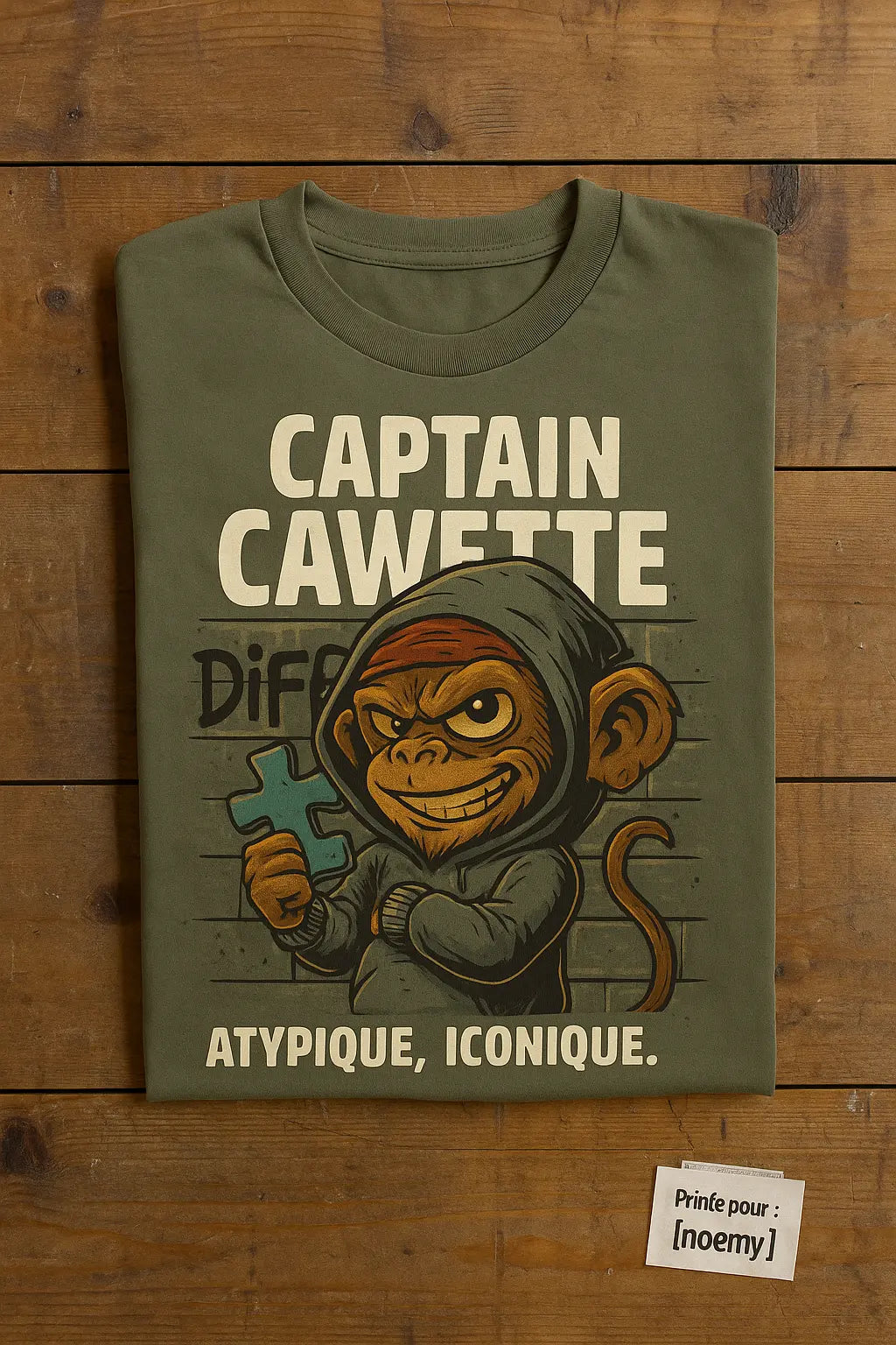 T-shirt vert kaki plié avec illustration de Captain Cawette, un singe en hoodie tenant une pièce de puzzle bleue, accompagné du slogan "Atypique, Iconique", posé sur une table en bois avec une étiquette marquée "Printé pour : Noemy"